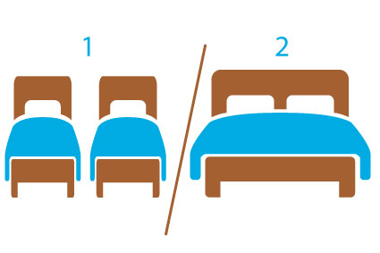 Bed arrangement : 2 singles (1) or 1 double (2)